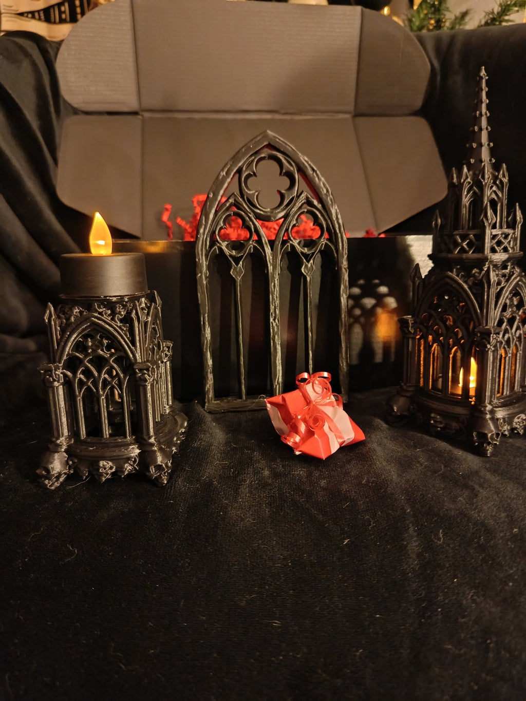 Gothic art boxed with a present and the spire illuminated